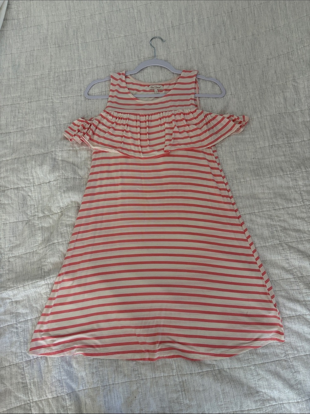 Red Camel Coral & White Striped Cold-Shoulder Dress